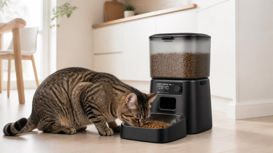 Oneisall Futterautomat für Katzen neben einer fressenden Katze