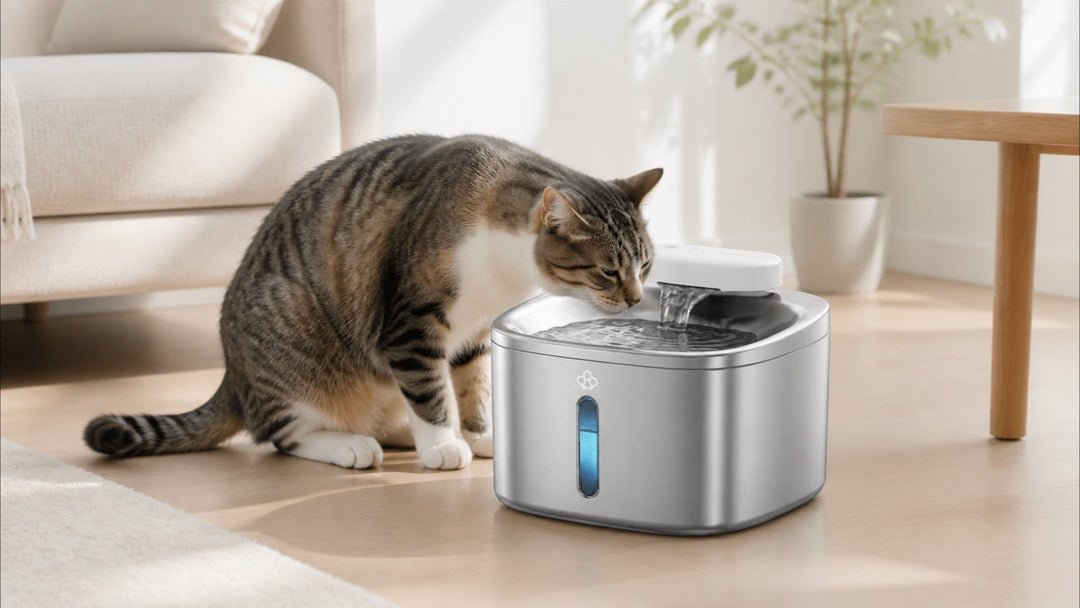 Oneisall Katzenbrunnen aus Edelstahl neben einer trinkenden Katze