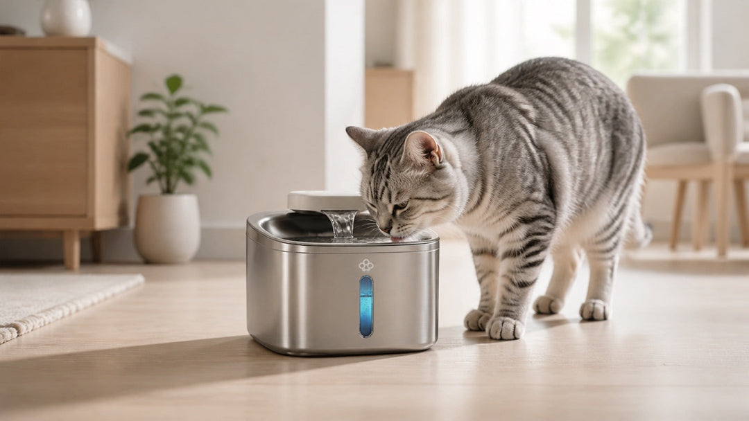 Oneisall Katzenbrunnen aus Edelstahl neben einer Katze auf hellem Boden