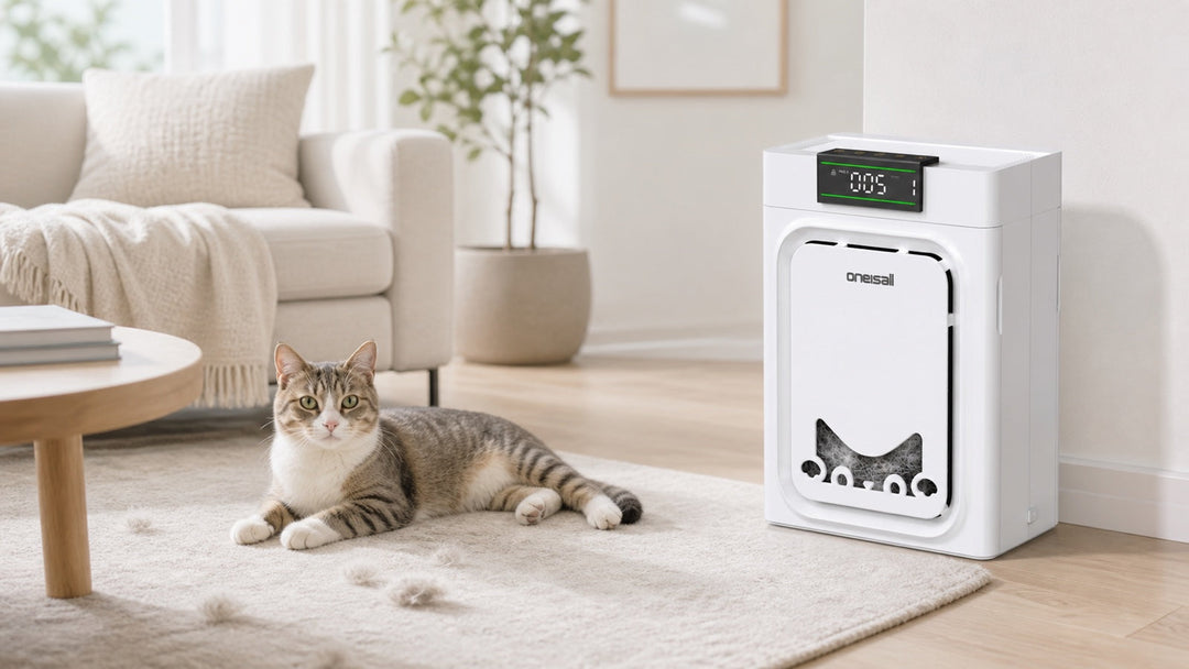 Oneisall Luftreiniger gegen Tierhaare neben einer Katze im Wohnzimmer