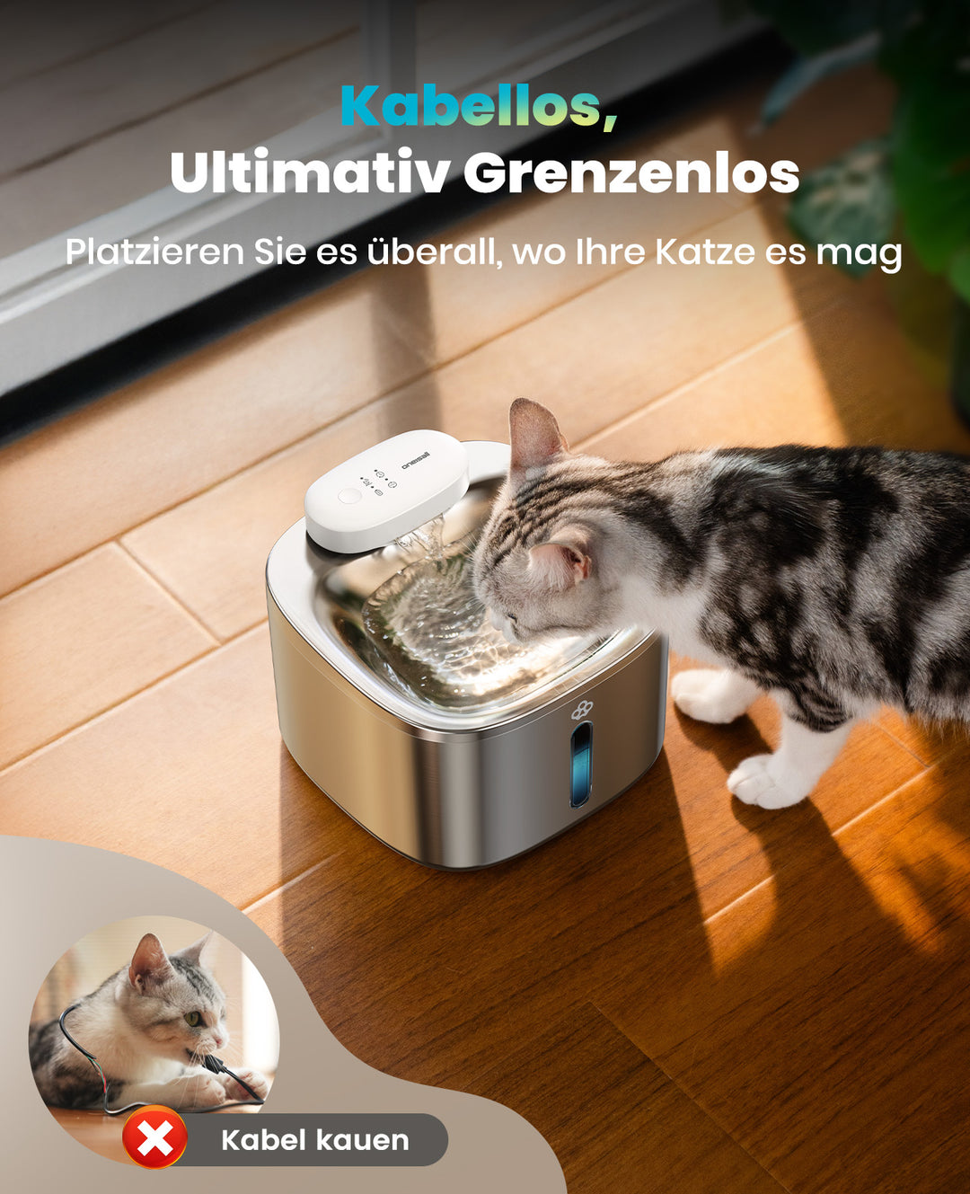 Oneisall 3.5L Kabelloser Edelstahl Trinkbrunnen für Katzen mit 3 Filtern