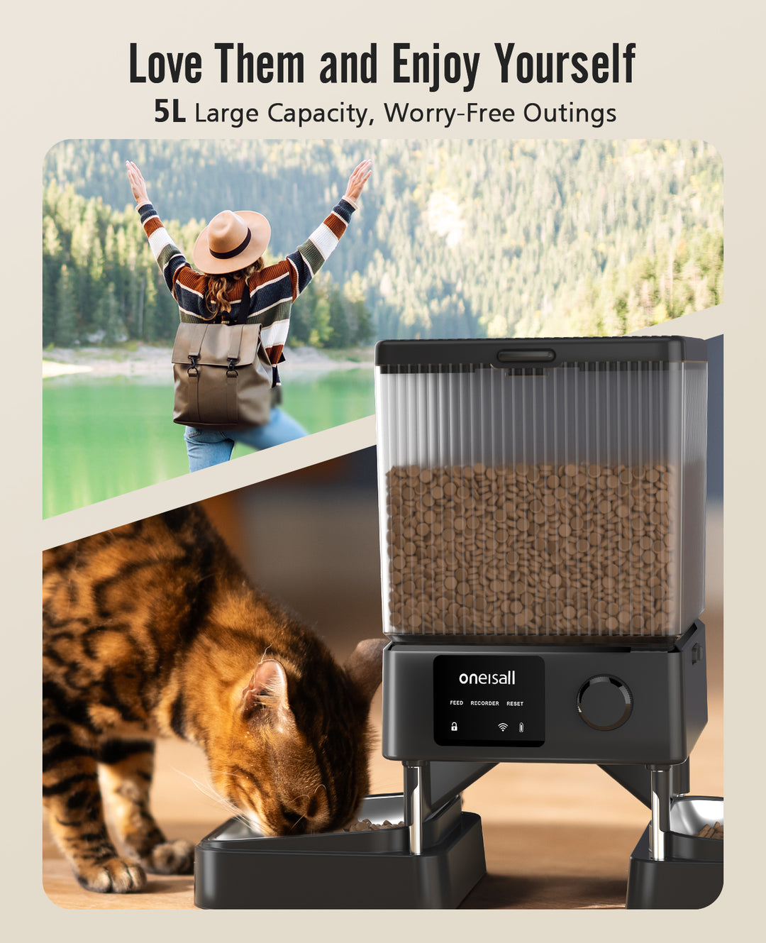 Oneisall 5L Automatischer Katzenfütterer mit App-Steuerung für zwei Katzen