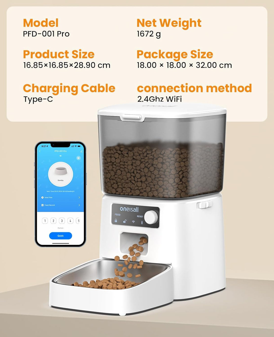 Oneisall 3.5L Automatischer Katzen-Futterspender mit App-Steuerung & 2.4G Wi-Fi