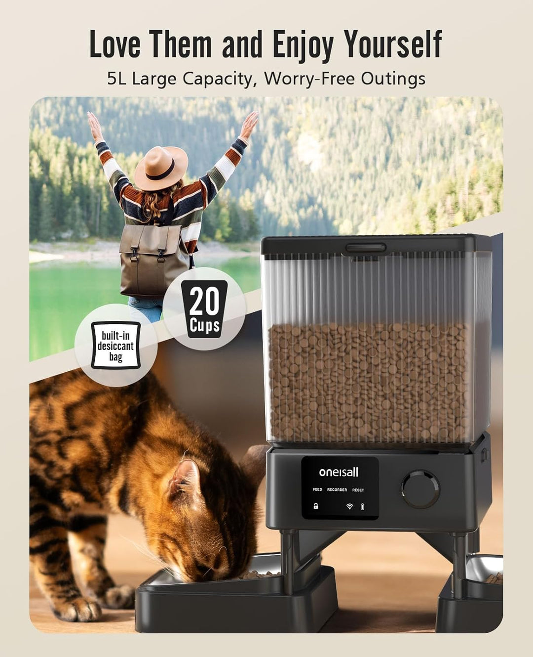 Oneisall 5L Automatischer Katzenfutterautomat für zwei Katzen – Schwarz