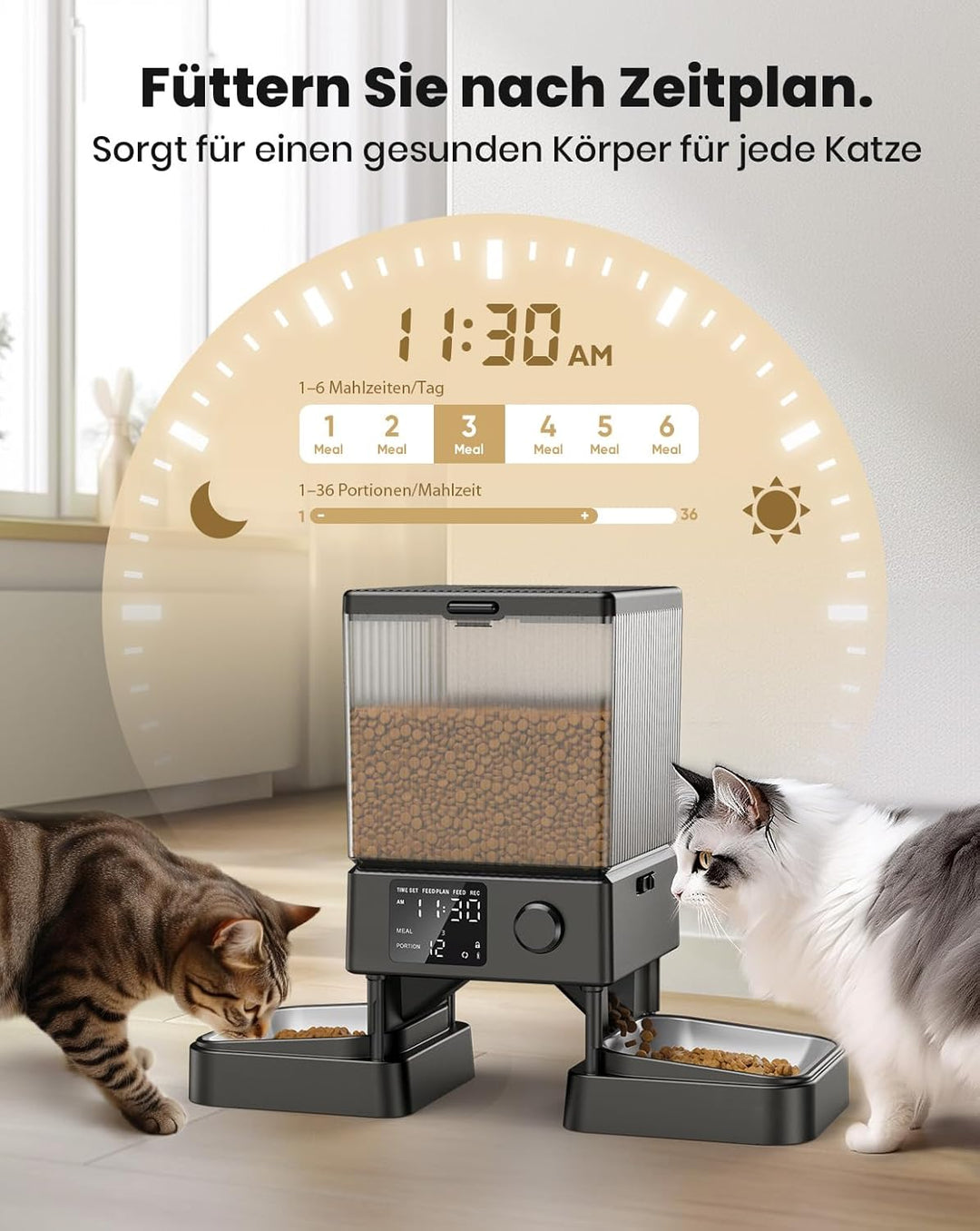 Oneisall 5L Automatischer Katzenfutterautomat für zwei Katzen – Schwarz