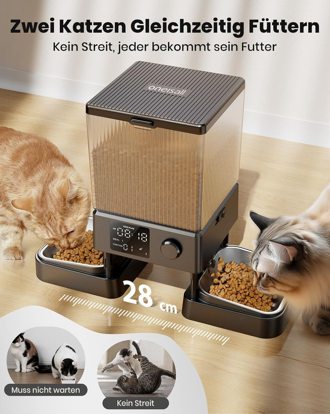 Oneisall 5L Automatischer Katzenfutterautomat für zwei Katzen – Schwarz