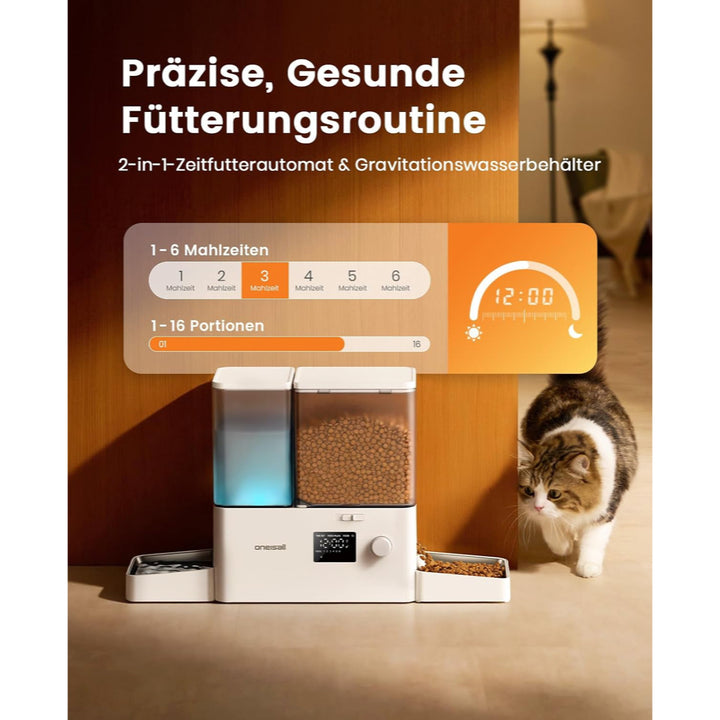 oneisall 2-in-1-Automatik-Katzenfutterautomat mit Trinkbrunnen