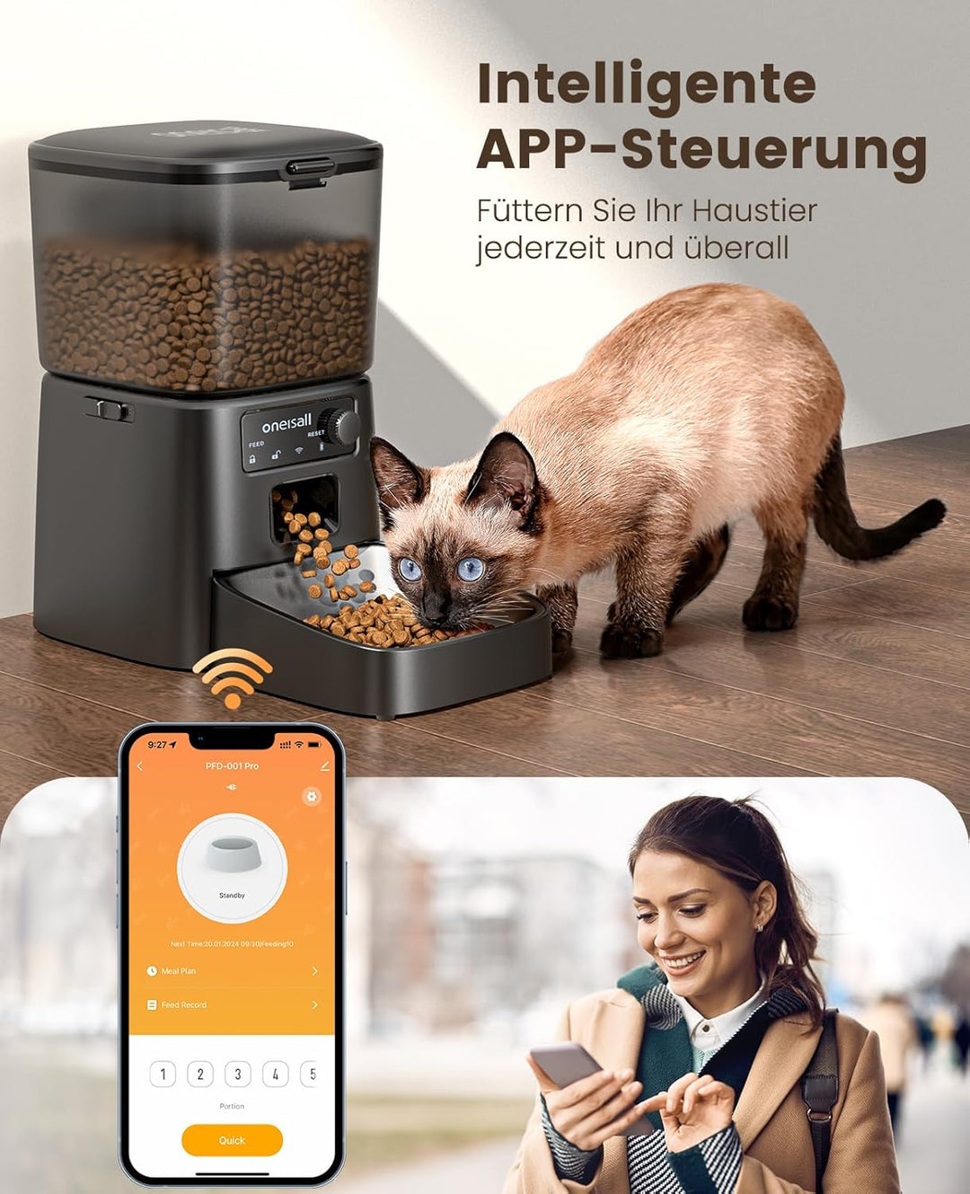 Oneisall 3.5L Automatischer Katzen-Futterspender mit App-Steuerung & 2.4G Wi-Fi