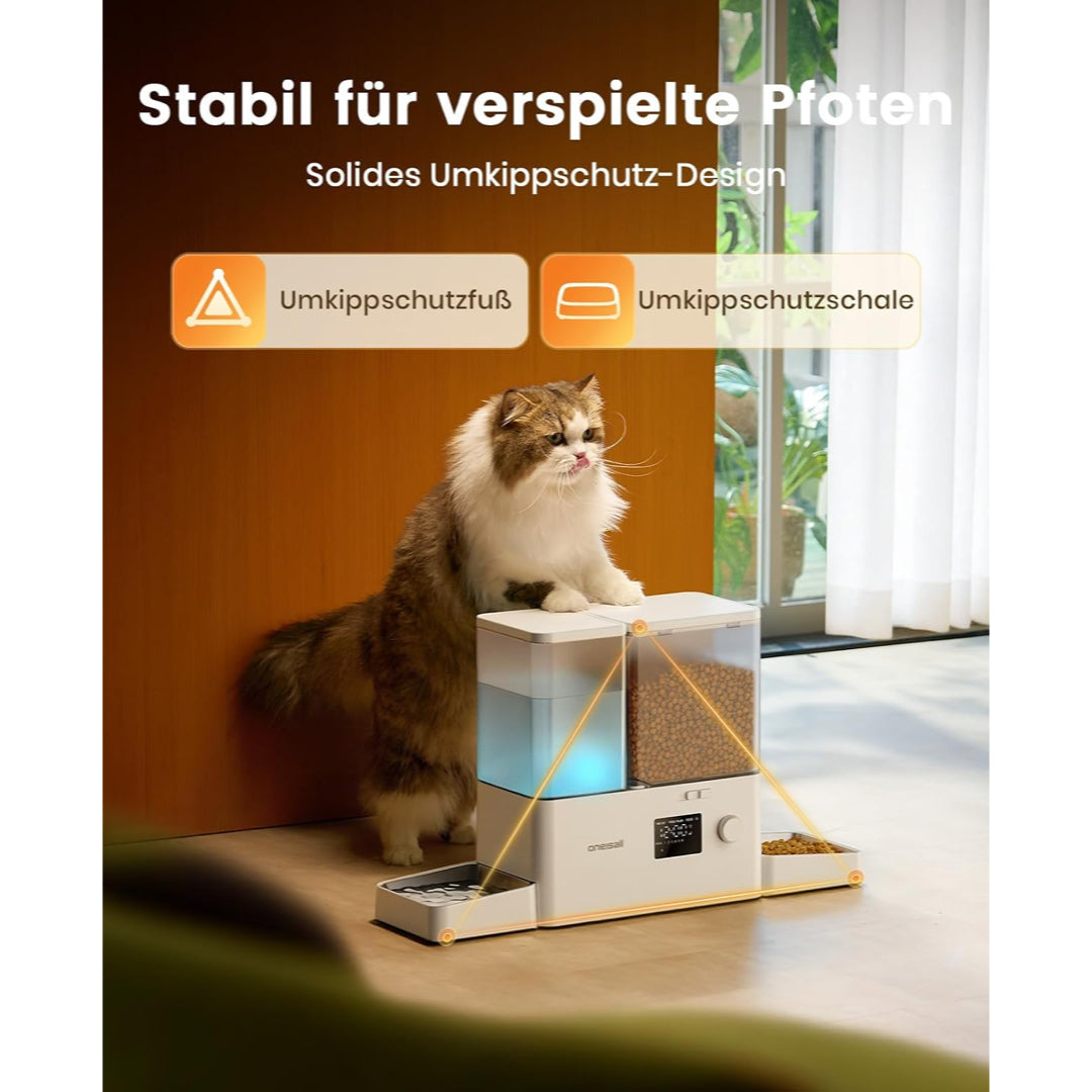 oneisall 2-in-1-Automatik-Katzenfutterautomat mit Trinkbrunnen
