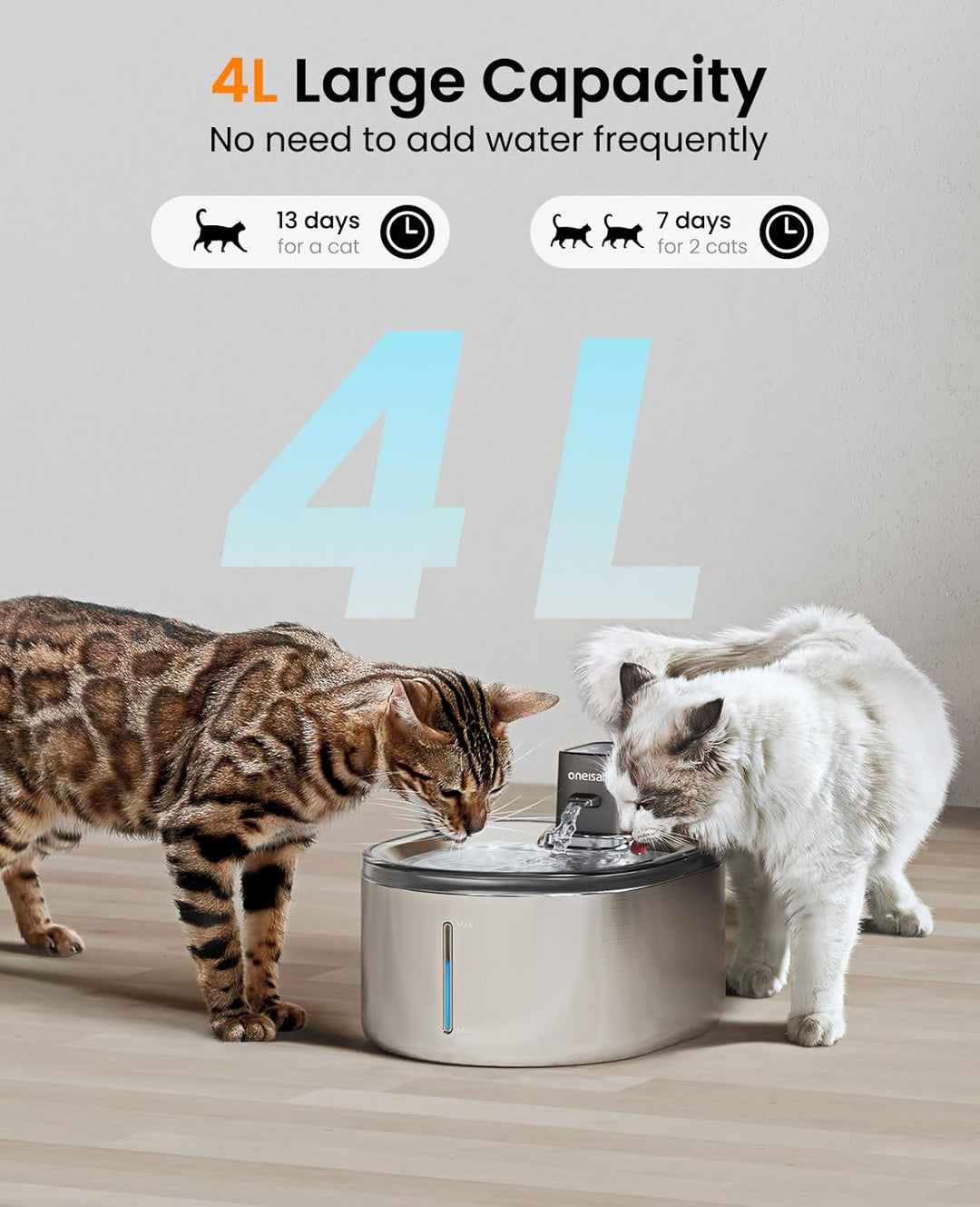 Oneisall 4L Cordless Cat Water Fountain With 304 Stainless Steel 