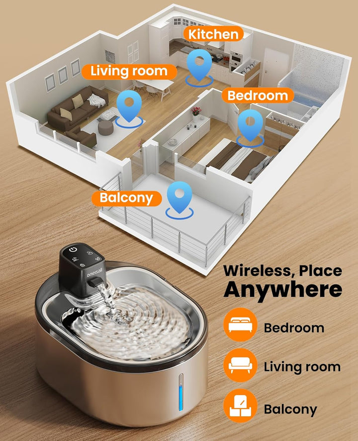 Oneisall 4L Cordless Cat Water Fountain With 304 Stainless Steel 
