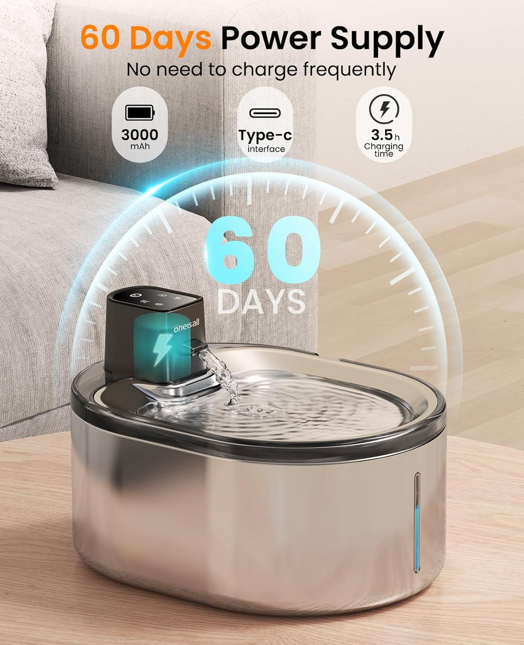 Oneisall 4L Cordless Cat Water Fountain With 304 Stainless Steel 