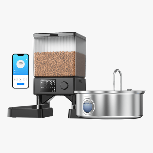 Oneisall 5L Automatischer Katzenfutterspender mit App & 7L Trinkbrunnen mit Sichtfenster Set